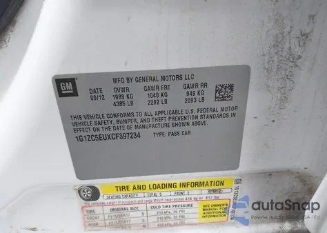 2012 Chevrolet Malibu 1Lt z USA, uszkodzony, nr VIN 1G1ZC5EUXCF397234